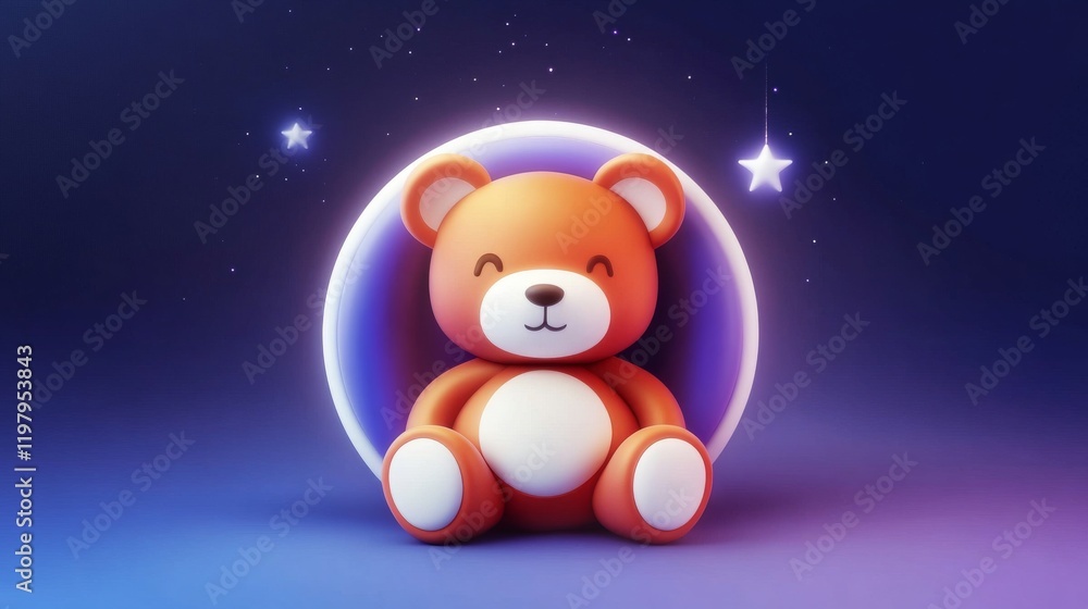 Obraz premium A cute cartoon teddy bear sits against a starry backdrop, exuding a sense of comfort and joy in a whimsical, colorful design.