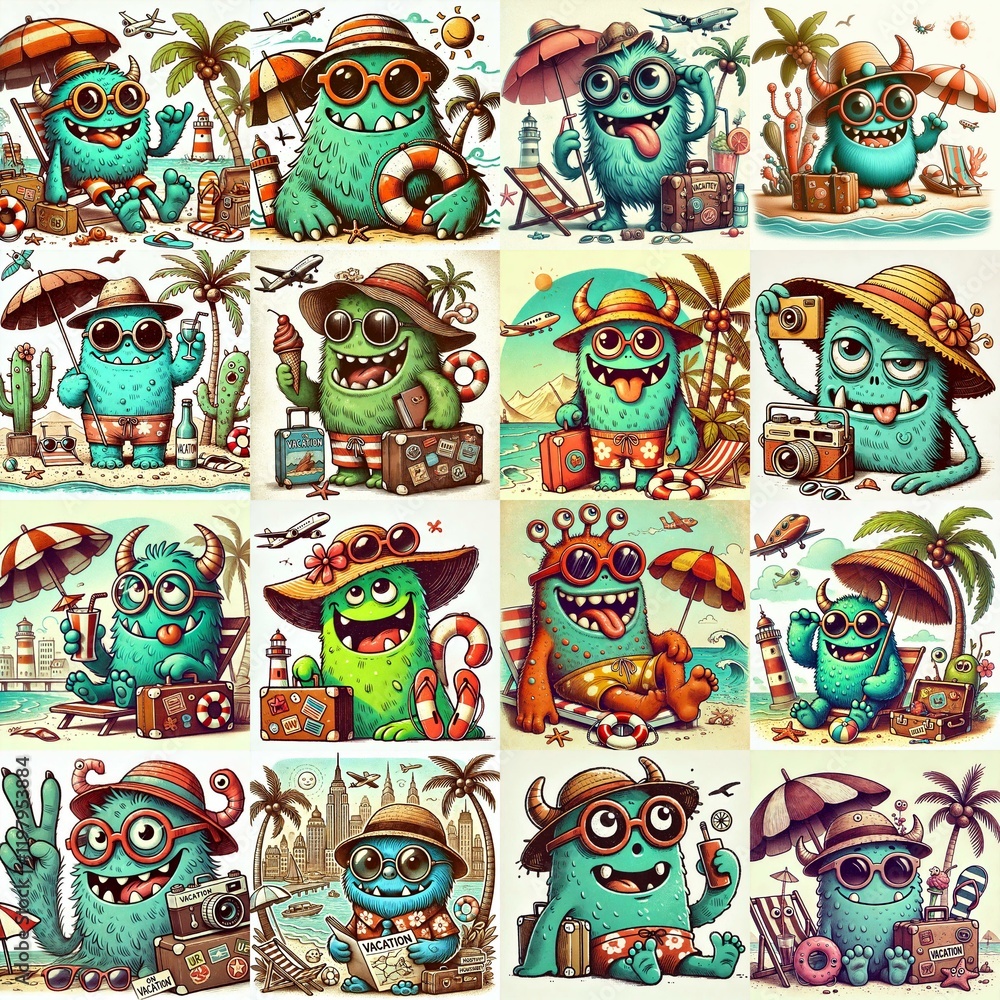 Obraz premium Funny cartoon monsters on vacation. AI generated illustration