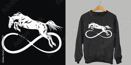 Vector image of a horse jumping over an infinity sign. Print for clothing. Never give up. Print with a horse