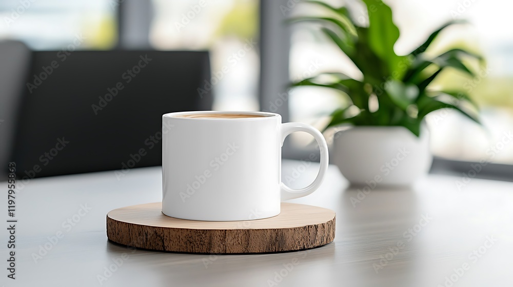 White Coffee Mug on Wooden Coaster White Coffee Mug on Wooden Coaster
