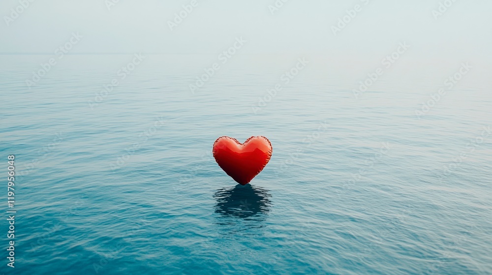 Fototapeta premium Red heart-shaped object floats serenely on calm ocean waters.
