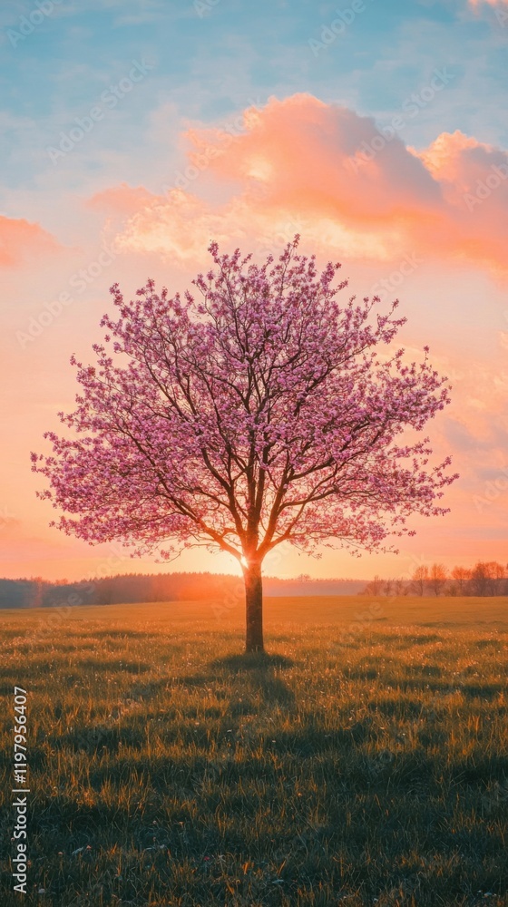 Serene solitary cherry blossom tree standing in vast open field at sunset, symbolizing beauty and solitude Serene solitary cherry blossom tree standing in vast open field at sunset, symbolizing beauty and solitude