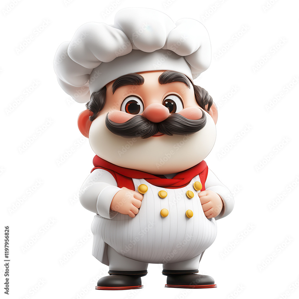 Chef character in a classic white uniform posing cheerfully with a mustache and hat in a playful, animated style isolated on transparent background Chef character in a classic white uniform posing cheerfully with a mustache and hat in a playful, animated style isolated on transparent background