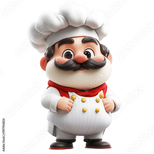 Chef character in a classic white uniform posing cheerfully with a mustache and hat in a playful, animated style isolated on transparent background photo