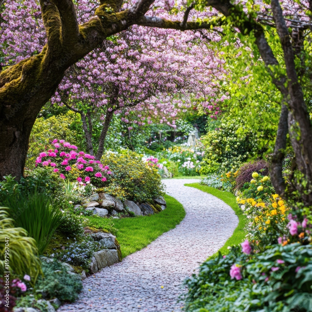 Serene footpath through blossoming flowers and lush greenery, peaceful garden ambiance, Blossom Garden Path Serene footpath through blossoming flowers and lush greenery, peaceful garden ambiance, Blossom Garden Path