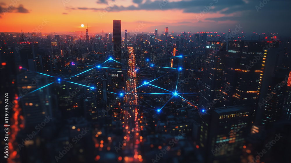 Fototapeta premium Abstract business man stands on the peak of success amid tall, innovative Smart city and graphs with statistics to analyze business potential and predict future developments in company growth.