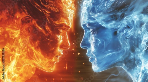 A fiery figure radiating flames stands defiantly against an icy counterpart exuding frost, their intense stances highlighting the dramatic clash of heat and cold.