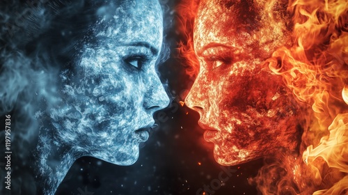 A fiery figure radiating flames stands defiantly against an icy counterpart exuding frost, their intense stances highlighting the dramatic clash of heat and cold.