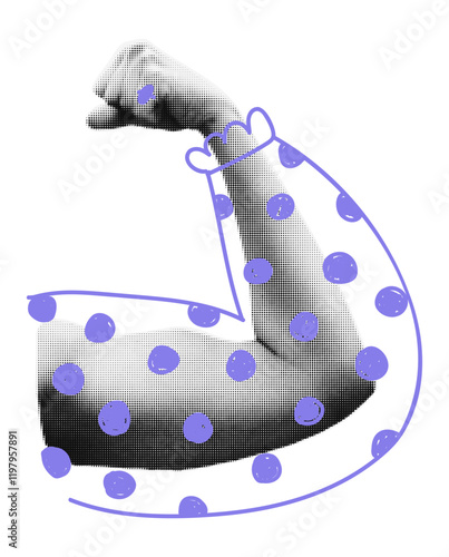 Trendy halftone collage element female hand with closed fist showing flexed biceps gesture Cut out shape with doodles Feminism, empowerment and gender equality concept Modern retro vector illustration