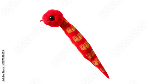 A super cute little snake shaped plush toy red with a gold pattern. On isolated PNG background.