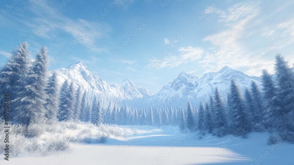 Obraz premium Serene Winter Landscape with Snow-Covered Mountains and Pines