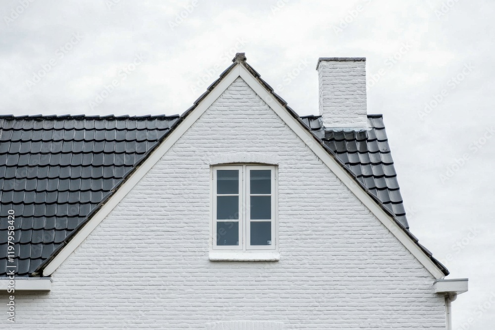 In a suburban neighborhood, a charming white brick house features a striking black tiled roof and a spacious window, set against a backdrop of a cloudy sky In a suburban neighborhood, a charming white brick house features a striking black tiled roof and a spacious window, set against a backdrop of a cloudy sky