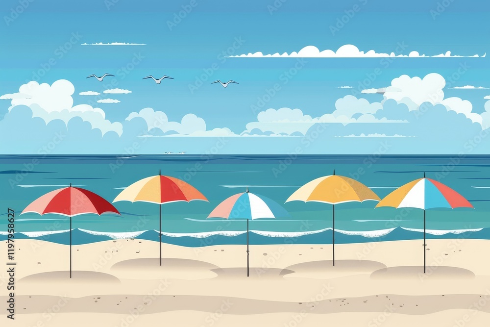 A serene beach scene with colorful umbrellas and a calm ocean under a clear sky. A serene beach scene with colorful umbrellas and a calm ocean under a clear sky.