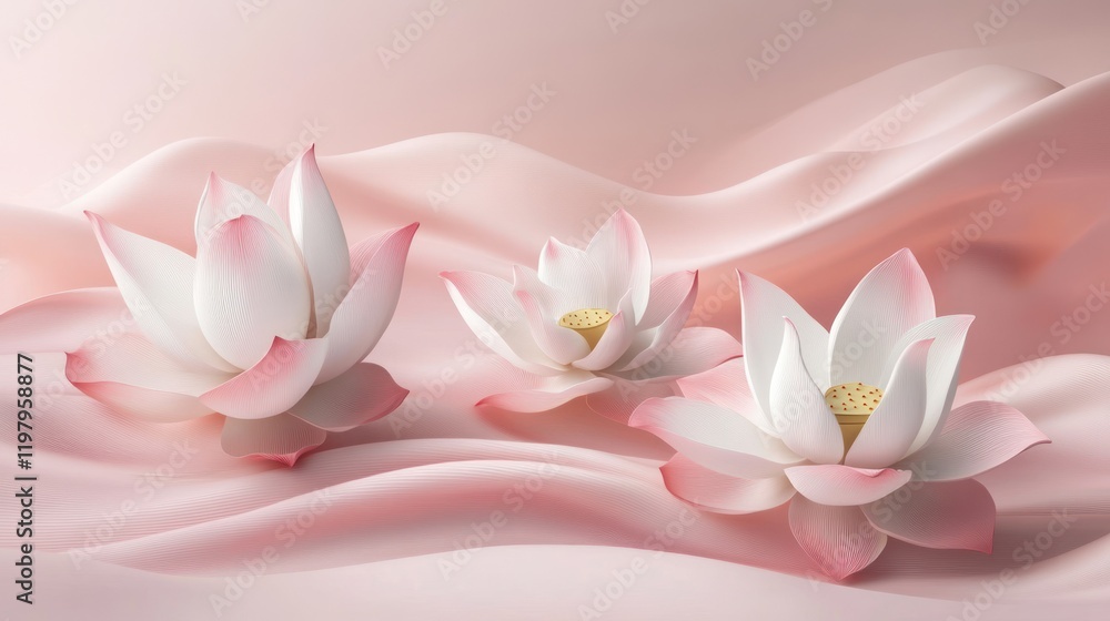 Fototapeta premium Pink silk, three lotus flowers, soft background, serenity, spa