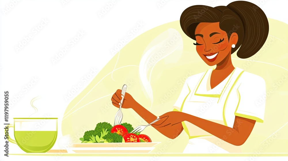 Smiling woman prepares a fresh salad with broccoli and tomatoes in a modern kitchen while enjoying a cup of green tea Smiling woman prepares a fresh salad with broccoli and tomatoes in a modern kitchen while enjoying a cup of green tea
