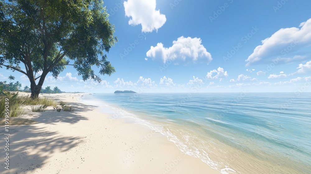 Tropical beach scene, sunny day, island view, travel brochure Tropical beach scene, sunny day, island view, travel brochure