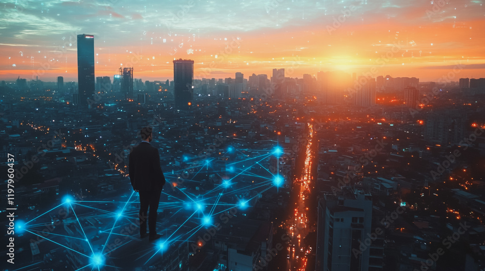 Abstract business man stands on the peak of success amid tall, innovative Smart city and graphs with statistics to analyze business potential and predict future developments in company growth. Abstract business man stands on the peak of success amid tall, innovative Smart city and graphs with statistics to analyze business potential and predict future developments in company growth.