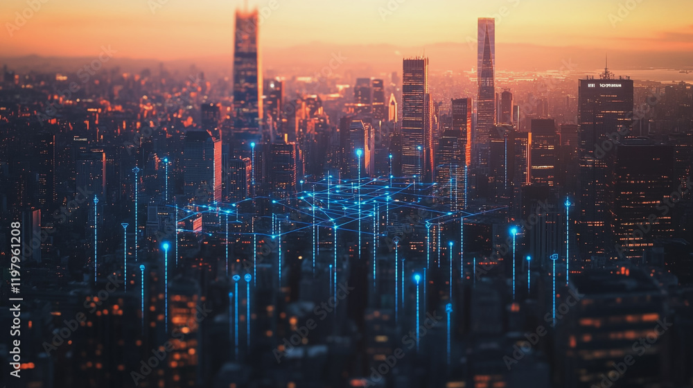 Abstract business man stands on the peak of success amid tall, innovative Smart city and graphs with statistics to analyze business potential and predict future developments in company growth.