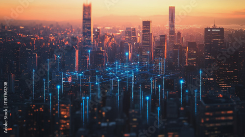 Wallpaper Mural Abstract business man stands on the peak of success amid tall, innovative Smart city and graphs with statistics to analyze business potential and predict future developments in company growth. Torontodigital.ca