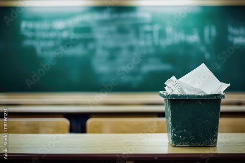 mpty classroom with a trash bin and crumpled papers photo