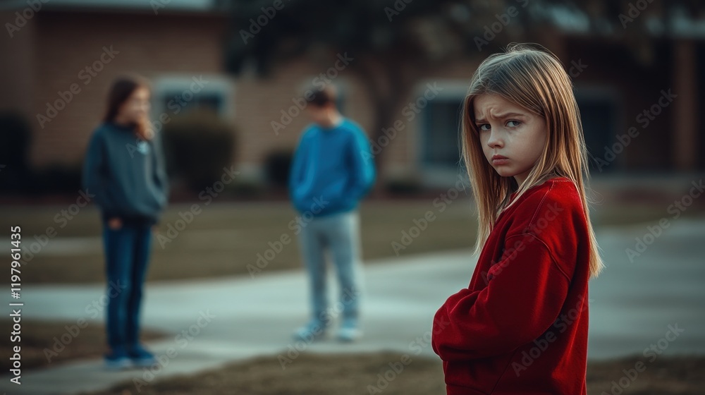 Obraz premium A girl in a red sweater looks troubled, separated from two friends in a park at twilight
