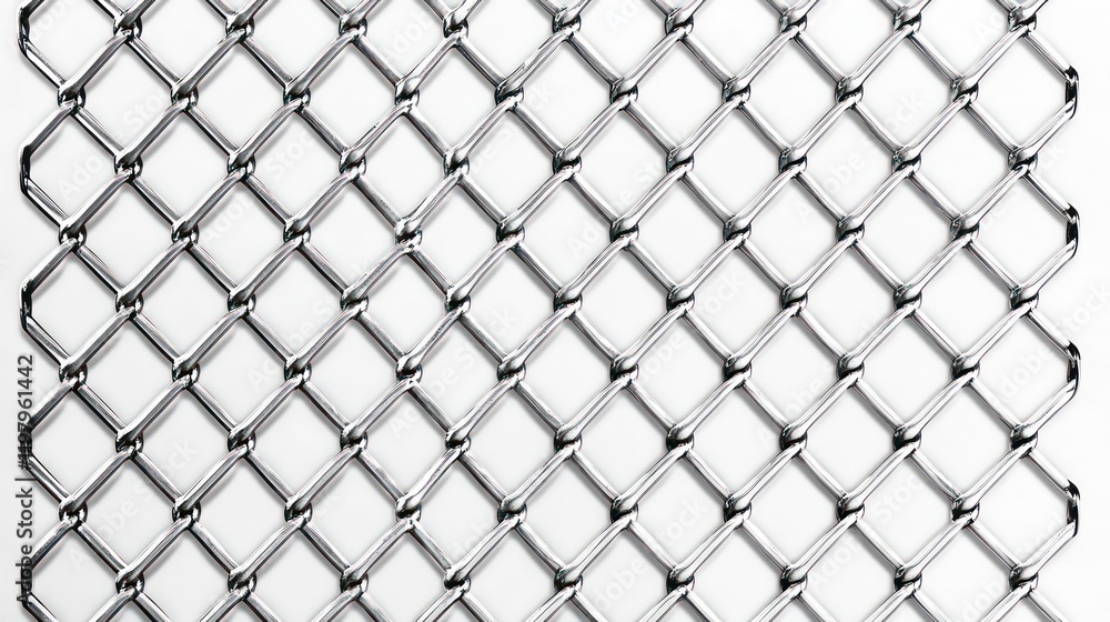Fototapeta premium Close-up of a metallic chain-link fence, showcasing its diamond pattern and texture against a white background.
