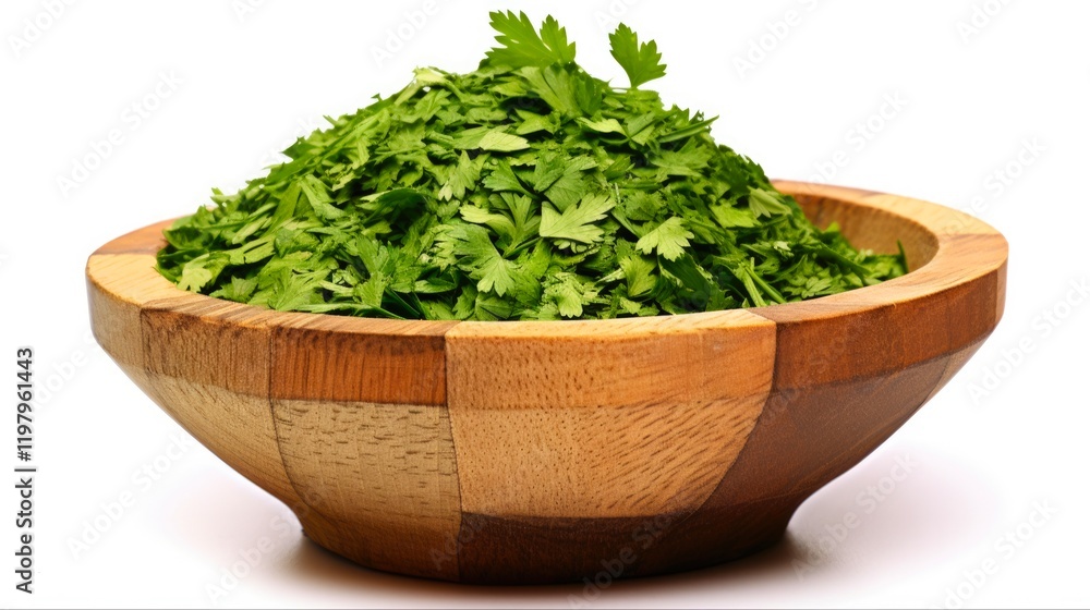 Dried Parsley Flakes in a Wooden Bowl: Fresh Green Leaves and Twigs with Flakes and Sprigs of Isolated Dry Parsley Dried Parsley Flakes in a Wooden Bowl: Fresh Green Leaves and Twigs with Flakes and Sprigs of Isolated Dry Parsley