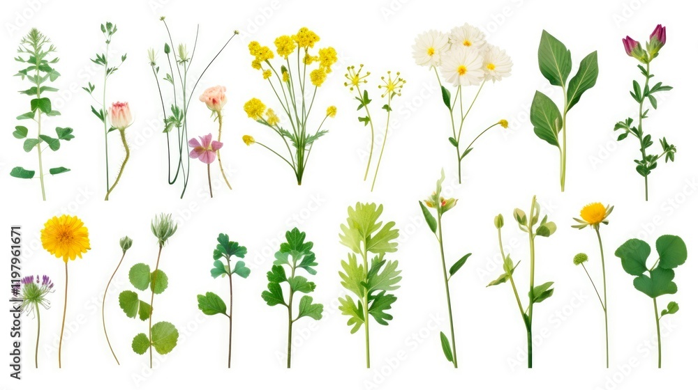 Dry Pressed Wild Flowers Isolated on White Background. Collection of Various Wildflowers including Clover, Buttercup, and Leaves Dry Pressed Wild Flowers Isolated on White Background. Collection of Various Wildflowers including Clover, Buttercup, and Leaves