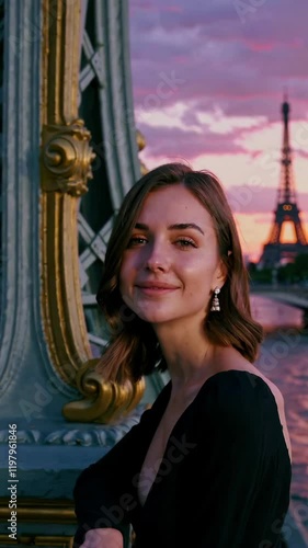 Portrait Shot of Woman Against Eiffel Tower at Sunset