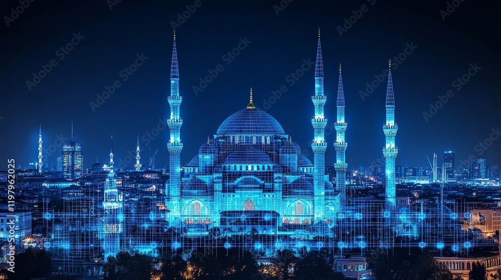 Fototapeta premium Digitally Connected Blue Mosque of Istanbul Illuminated in Futuristic Network at Night