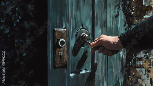 Nighttime break-in attempt; hand using tool to unlock door.. Moonbark. Illustration photo