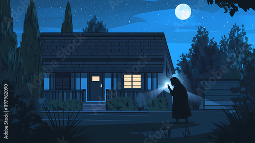 Nighttime burglary: a hooded figure attempts to break into a house at night using a flashlight. Moonbark. Illustration photo