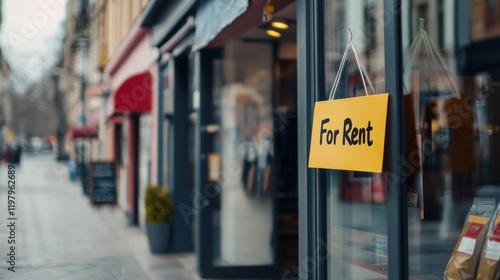 Fototapeta Naklejka Na Ścianę i Meble -  A bright yellow for rent sign hangs in the window of a storefront on a bustling city street