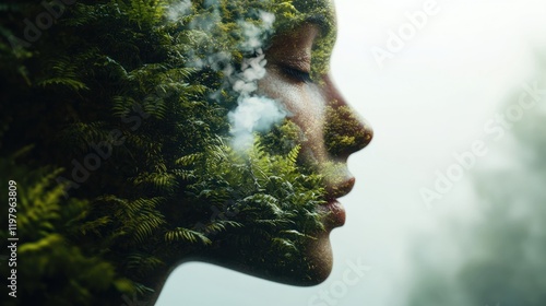Portrait of a woman with a double exposure effect showcasing nature and serenity in her profile. Generative AI
