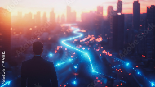 Abstract business man stands on the peak of success amid tall, innovative Smart city and graphs with statistics to analyze business potential and predict future developments in company growth.