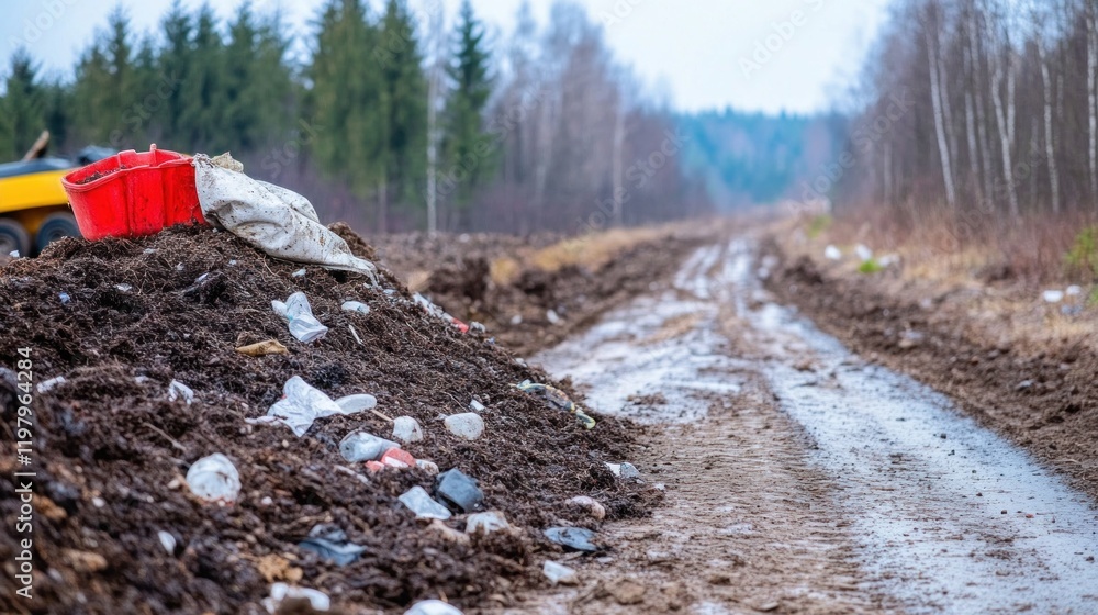 Obraz premium A dirt road stretches through a wooded area, showing piles of trash scattered along the sides