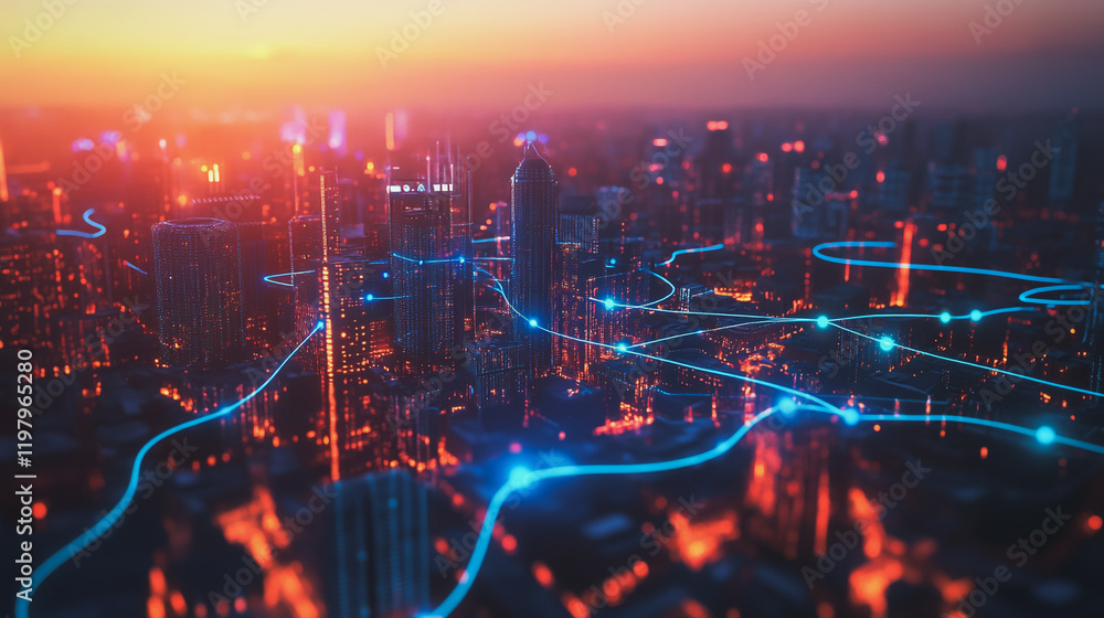 Fototapeta premium Abstract business man stands on the peak of success amid tall, innovative Smart city and graphs with statistics to analyze business potential and predict future developments in company growth.