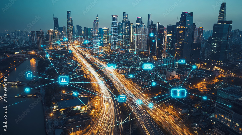 Fototapeta premium Abstract business man stands on the peak of success amid tall, innovative Smart city and graphs with statistics to analyze business potential and predict future developments in company growth.