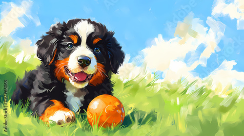 Adorable red bernese mountain dog puppy with fluffy coat and curious eyes plays with a toy on a sunny green meadow background. Moonbark. Illustration photo