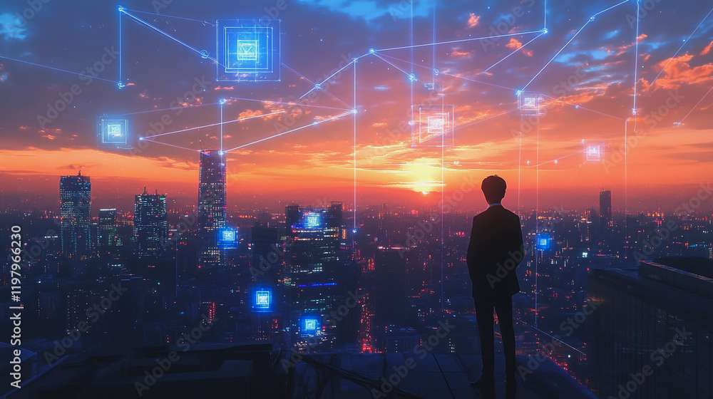 Fototapeta premium Abstract business man stands on the peak of success amid tall, innovative Smart city and graphs with statistics to analyze business potential and predict future developments in company growth.