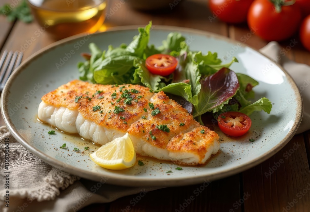 Fish dish - fried cod fillet with asparagus on wooden table Fish dish - fried cod fillet with asparagus on wooden table