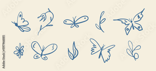 Set of butterflies and plants icons isolated on light background. Collection of hand drawn butterflies. Design elements for your project. Vector illustration