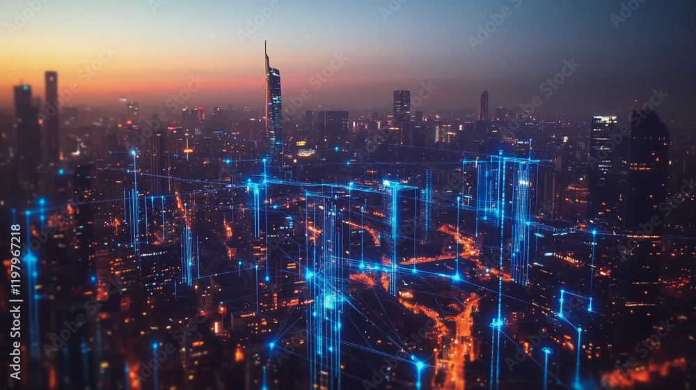 Fototapeta premium Abstract business man stands on the peak of success amid tall, innovative Smart city and graphs with statistics to analyze business potential and predict future developments in company growth.