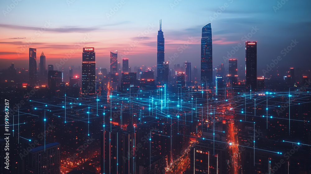 Fototapeta premium Abstract business man stands on the peak of success amid tall, innovative Smart city and graphs with statistics to analyze business potential and predict future developments in company growth.