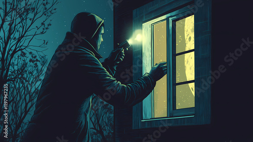 Burglar peering into window at night with flashlight. Moonbark. Illustration photo