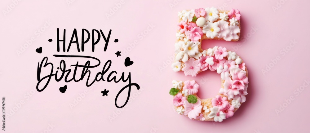 Naklejka premium Happy 5th Birthday Floral Cake Number Five Pink Background Stock Photo