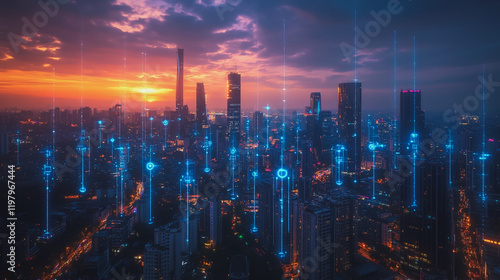 Wallpaper Mural Abstract business man stands on the peak of success amid tall, innovative Smart city and graphs with statistics to analyze business potential and predict future developments in company growth. Torontodigital.ca