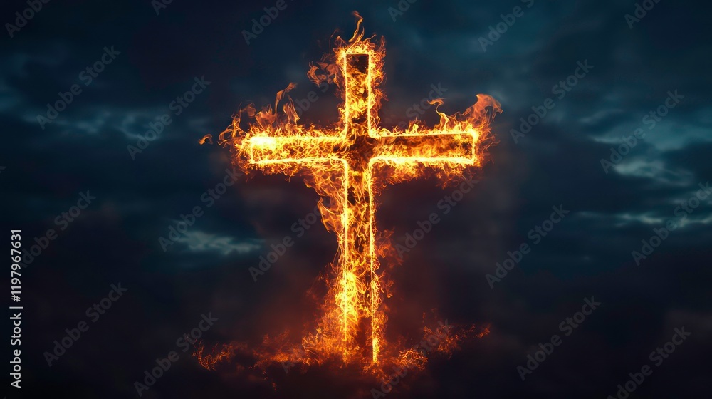Fiery cross burning against a dark, stormy sky. Fiery cross burning against a dark, stormy sky.