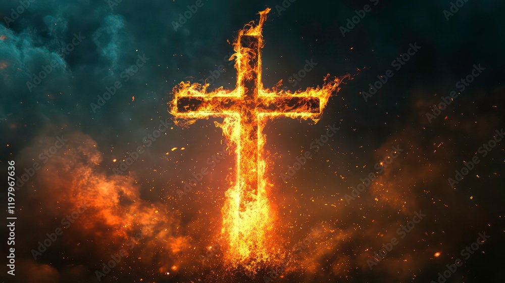Fiery cross burning against a dark, smoky sky. Fiery cross burning against a dark, smoky sky.
