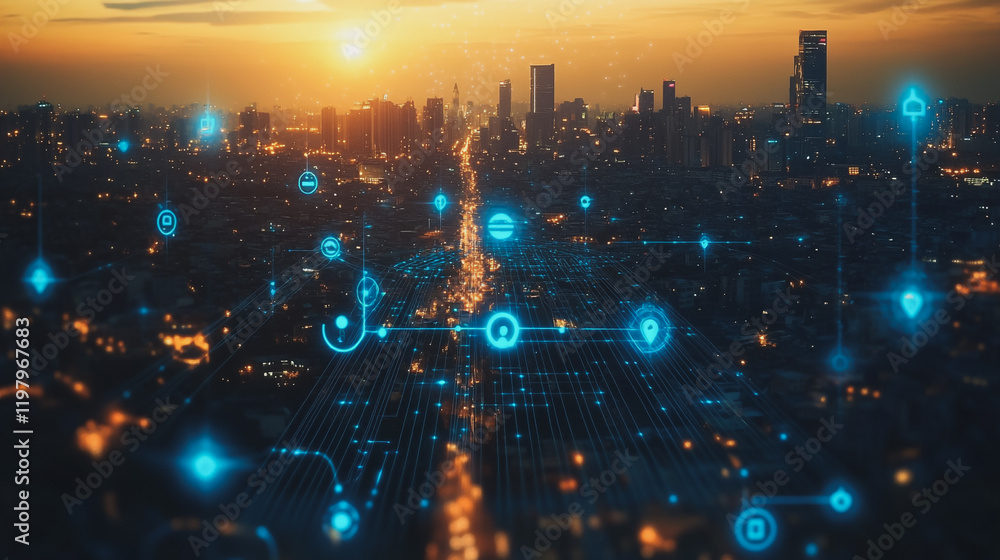 Fototapeta premium Abstract business man stands on the peak of success amid tall, innovative Smart city and graphs with statistics to analyze business potential and predict future developments in company growth.